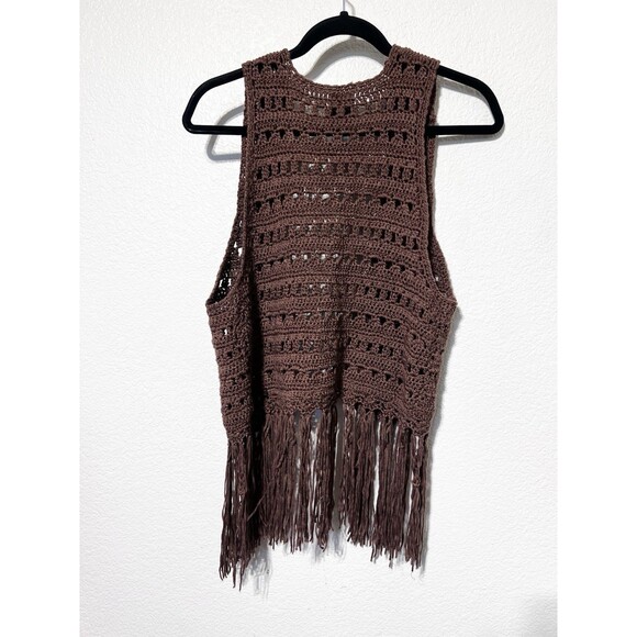 Wallpapher Crochet Fringe Vest Rose Brown Boho Festival - Picture 3 of 7